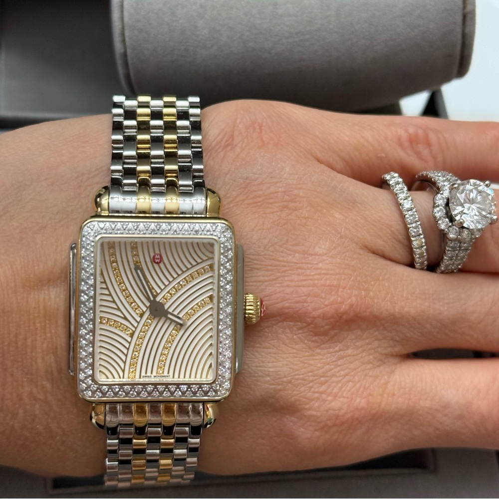 $5900 MICHELE Limited Edition Deco Two Tone 18K Gold Mosaic Diamond Watch